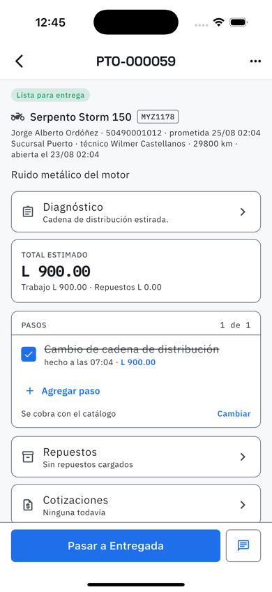 Detalle de una orden de trabajo en el teléfono
